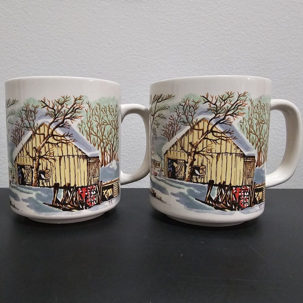 Set Of 2 Vintage Sunny Stoneware Cup/Mugs Farmhouse Barnyard Winter Scene